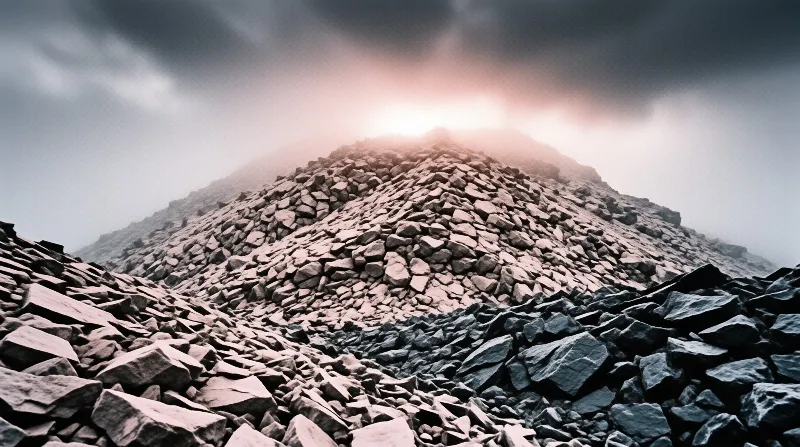 A steep mountain made of loose rocks rises toward a bright sun breaking through heavy grey clouds at the peak.