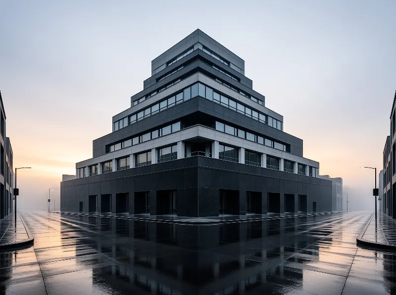 A dark tiered office building rises in receding layers above a rain slicked plaza that mirrors the pale sunrise.