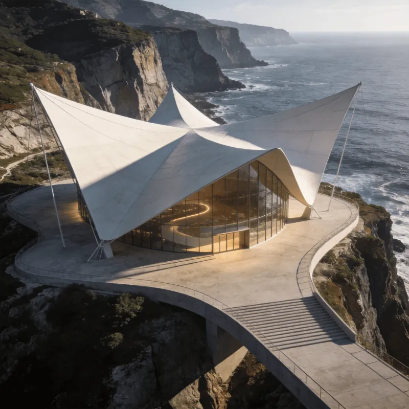 Cultural center with Tensile structure in Coastal cliff