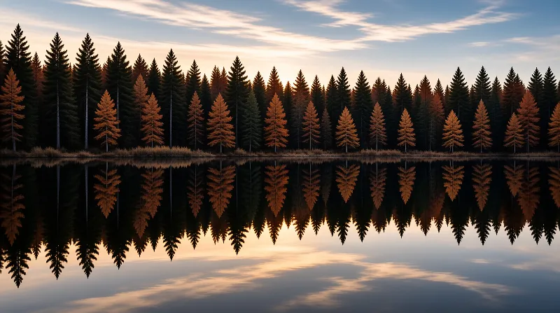 Golden larch and dark pine trees line a lakeshore, casting a perfect symmetrical reflection in the calm water.