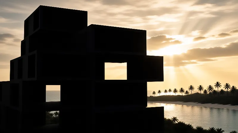A dark geometric building stands against a burning sunset, its window cutouts revealing sea, palms and calm water.