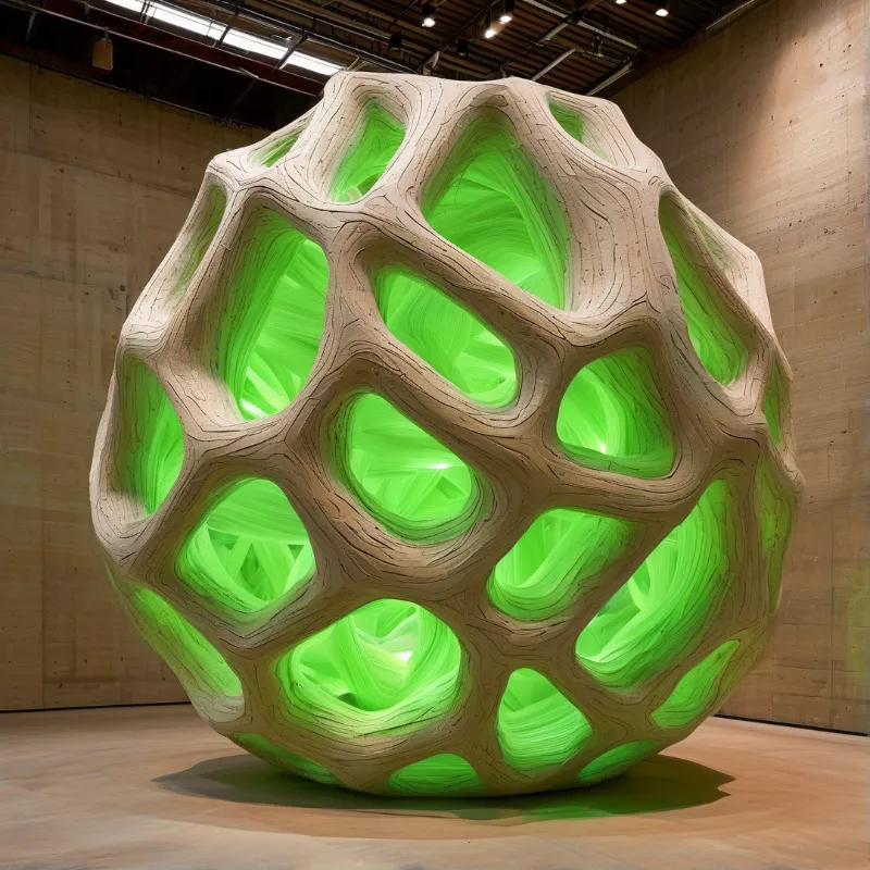 A large porous woodgrain textured sculpture emits bright green light through its openings, sitting in a stark concrete walled exhibition hall.