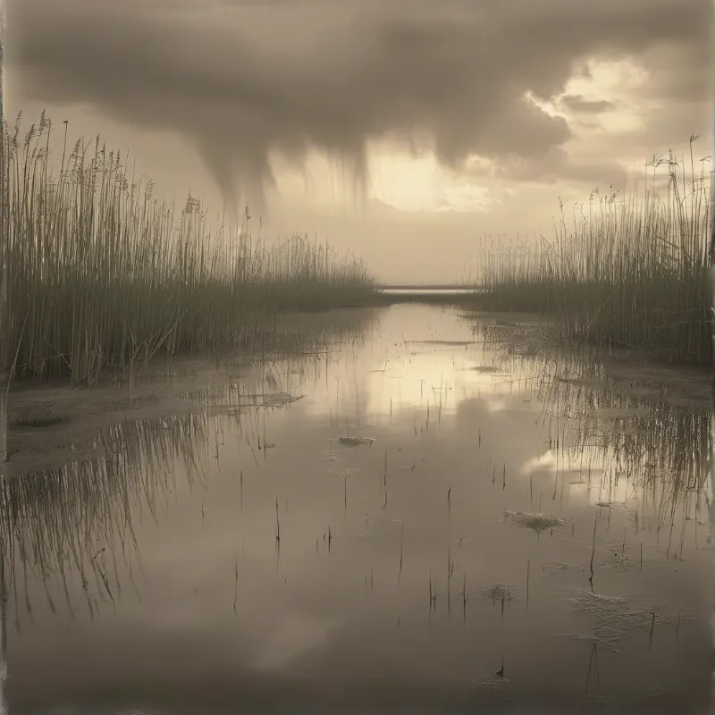 Tall reeds frame a quiet marsh channel reflecting the bright light breaking through heavy storm clouds above.