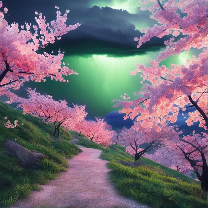 Cherry Blossoms Under Green Aurora