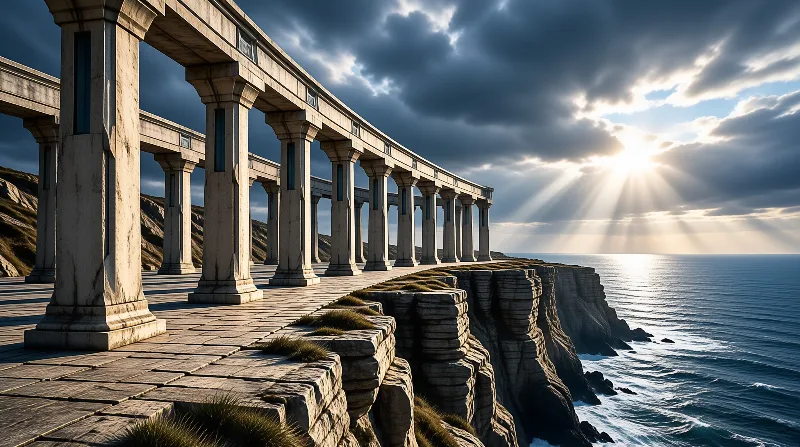 A weathered stone colonnade runs along a grassy ocean cliff while sunlight breaks through heavy storm clouds.