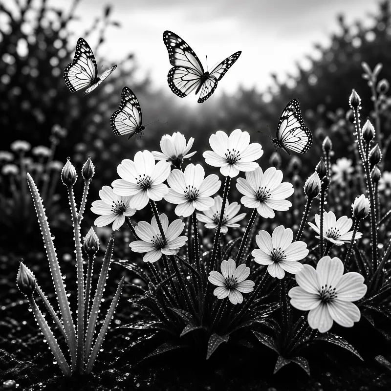 Black and white photo of butterflies flying above white flowers covered in dewdrops with a soft blurred background.