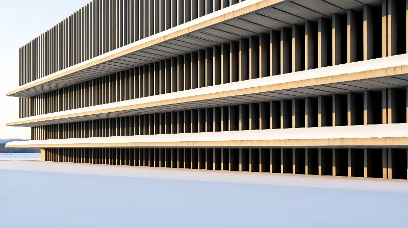 A modern concrete building with vertical slats stands against a white snowy ground illuminated by warm sunlight.