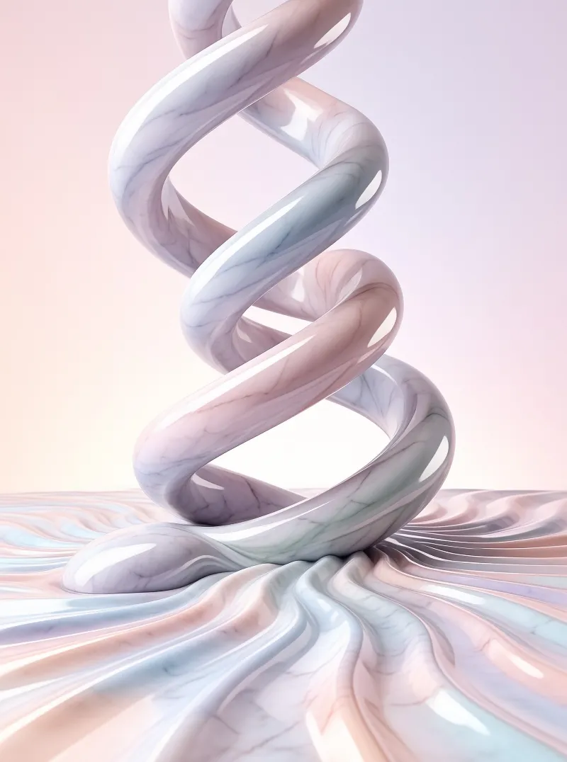 A smooth pastel helix made of shiny stone rises from a rippled floor reflecting soft light.