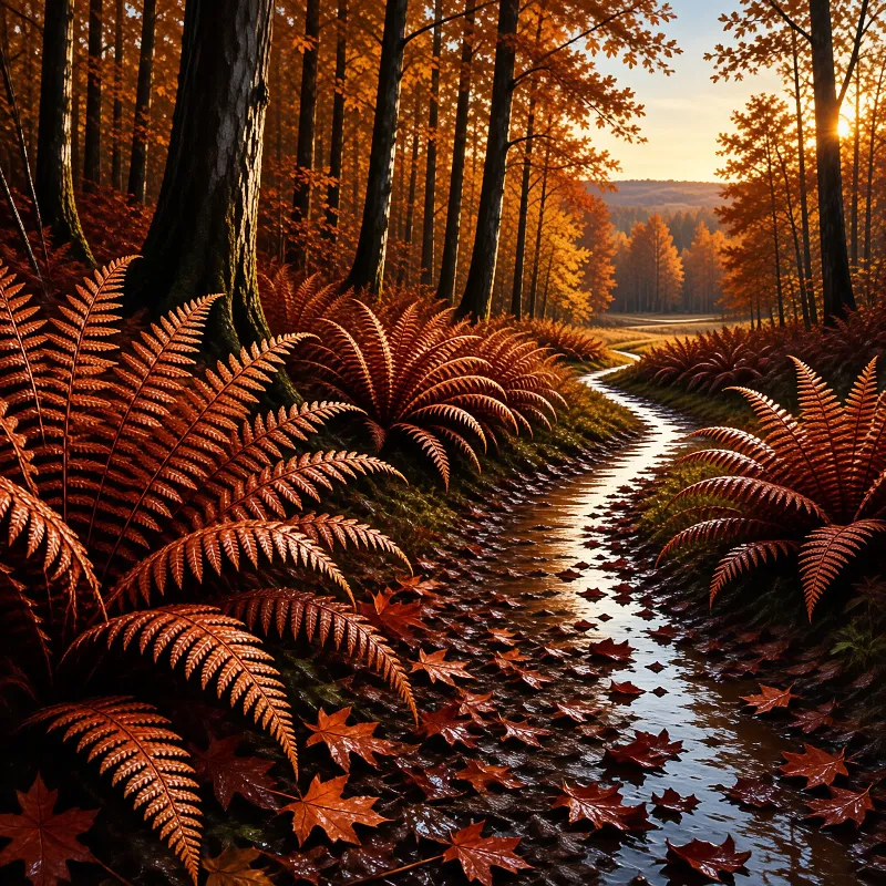 A winding creek runs through a dense autumn forest surrounded by rust-colored ferns and illuminated by low golden light.