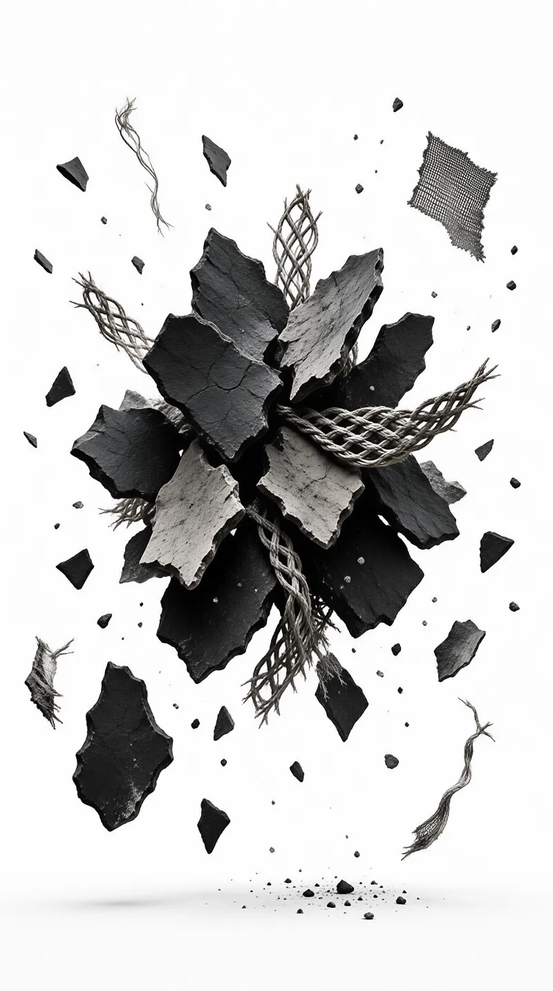 Dark broken stone fragments and twisted fibers hang frozen against a stark white studio backdrop.