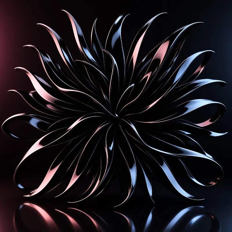 Glossy black curved blades radiate outward like a flower head, edged with rose and cyan reflections against a dark ground.