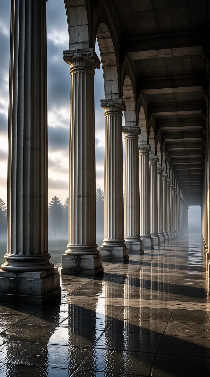 A long series of classical stone columns lines a wet pavement in a misty outdoor corridor during dawn.
