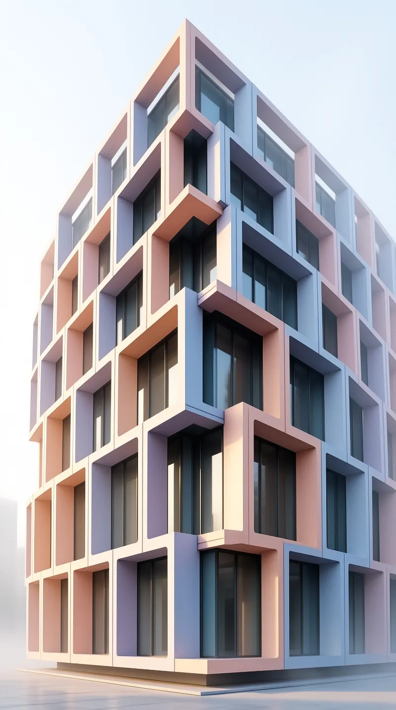 A tall building featuring a grid of recessed balconies painted in pastel pink and blue tones stands against a white sky.