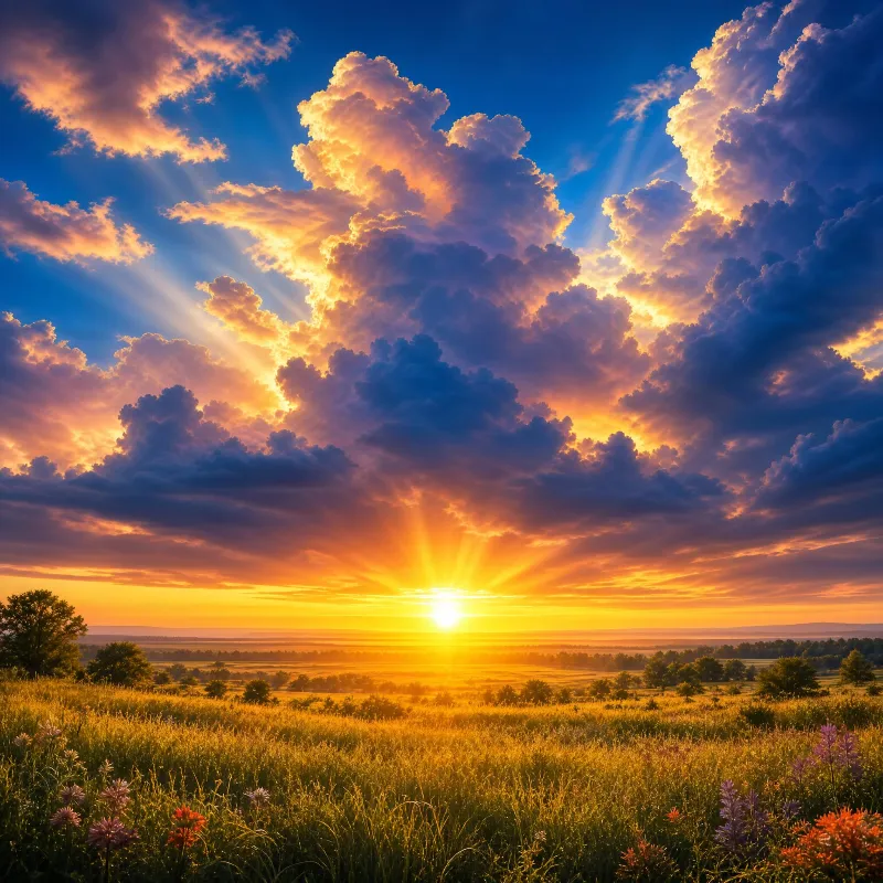 Sunset Over a Grassy Field