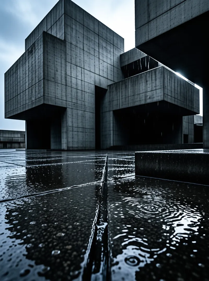 Concrete structures stand against an overcast sky while raindrops ripple across wet pavement creating reflections.