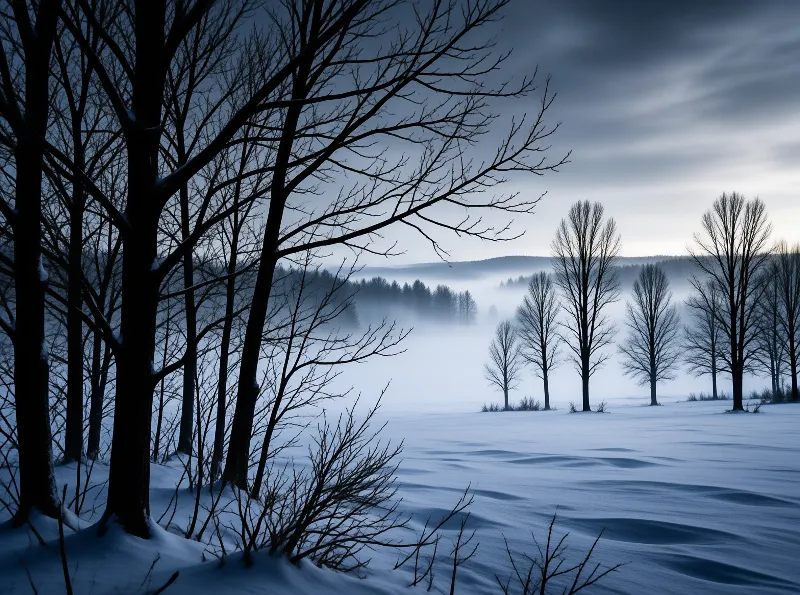 Dark tree trunks frame a view of misty snow-covered hills under a dim blue twilight sky.