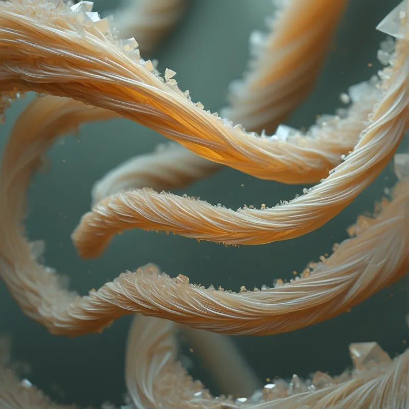 Twisted bundles of translucent golden thread curl through dim space, crusted with tiny glittering crystal chips.