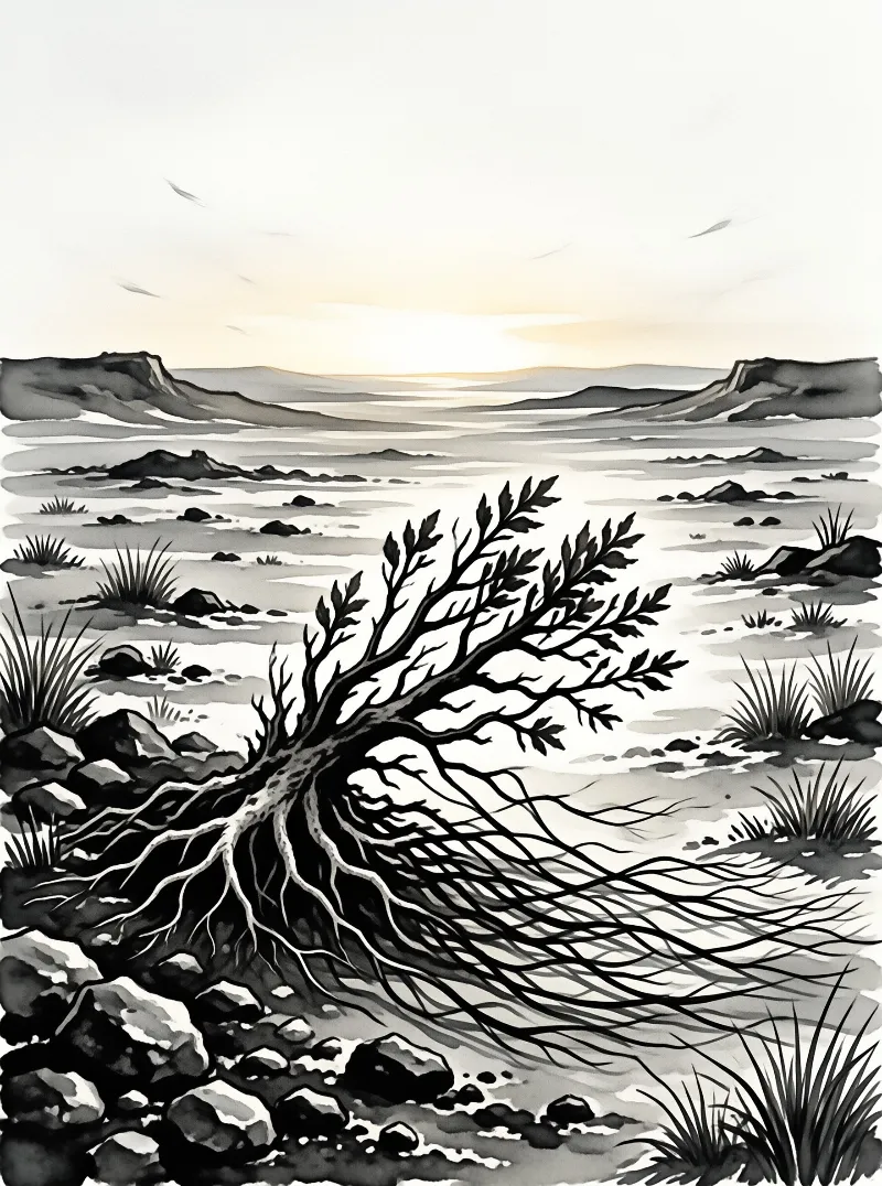 Ink art of a sparse leafy shrub rooted in a vast cracked salt flat under a pale warm dusk sky with low distant mountains.
