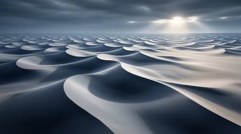 Rhythmic waves of desert sand stretch towards a bright light source piercing through the dark grey clouds in the sky.