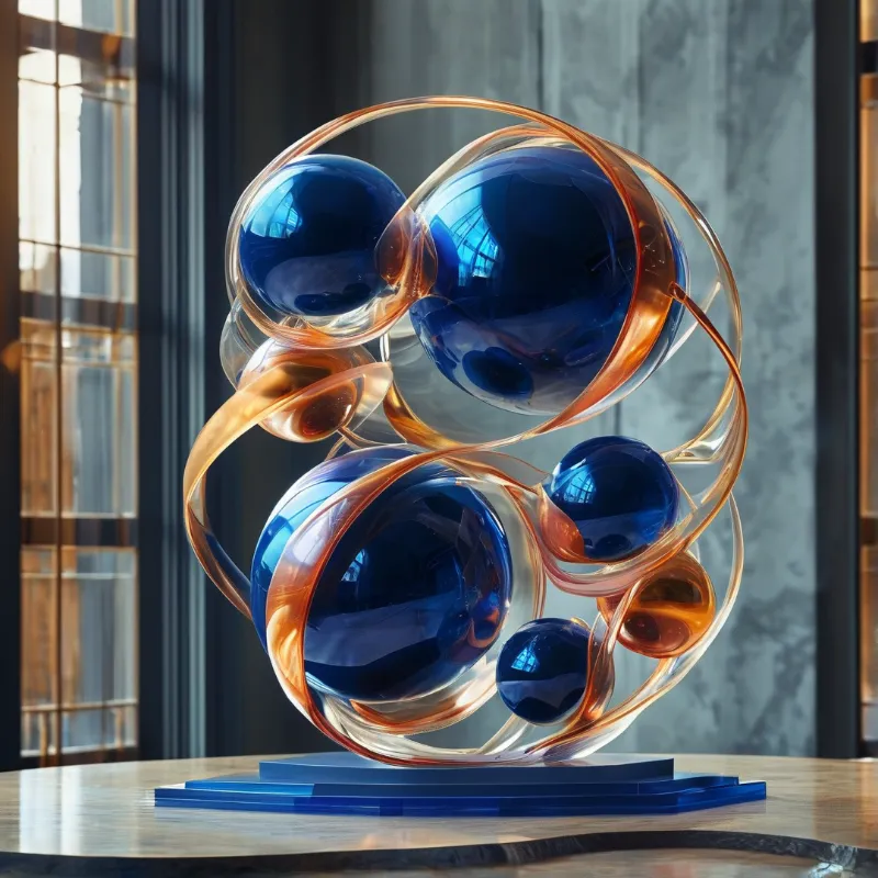A glass sculpture with deep blue spheres and translucent orange ribbons sits on a wooden table in a bright sunlit interior.