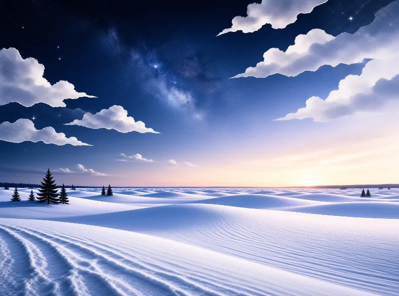 Vast rolling snow-covered plains stretch to the horizon where warm sunset glow meets the deep blue star-dotted night sky.