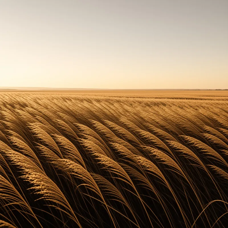 Vast expanse of ripened grain bends low across the landscape under a fading sky