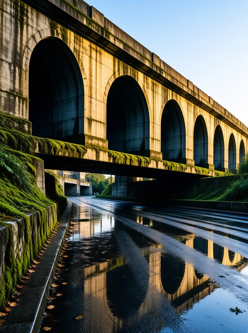 Large concrete aqueduct with moss covered arches reflects onto the wet road below under bright sunlight.