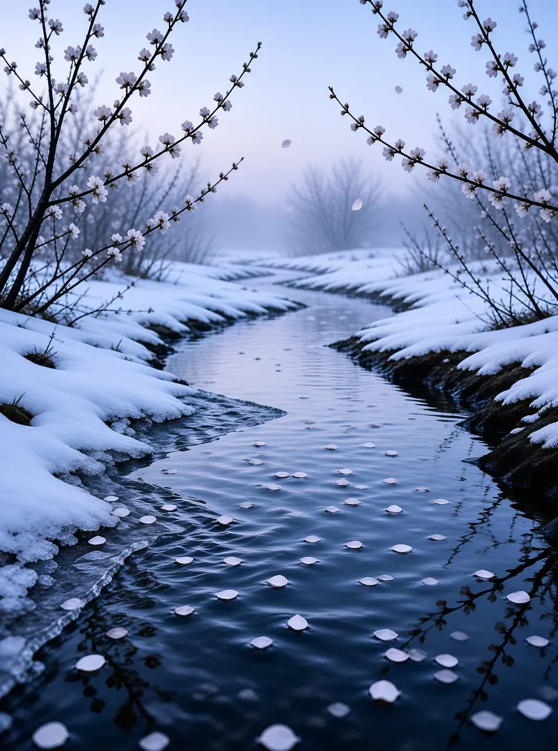 Winding river flows through snow banks while white petals drift on the surface beneath overhanging flowering branches.
