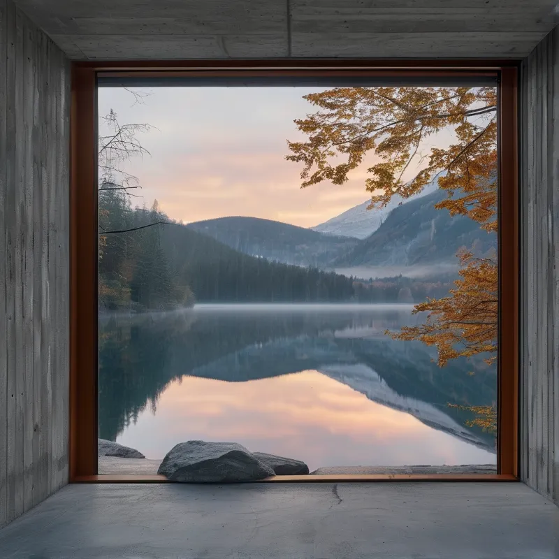 A large rectangular opening in raw concrete looks out over a mirror-calm lake toward forested peaks.