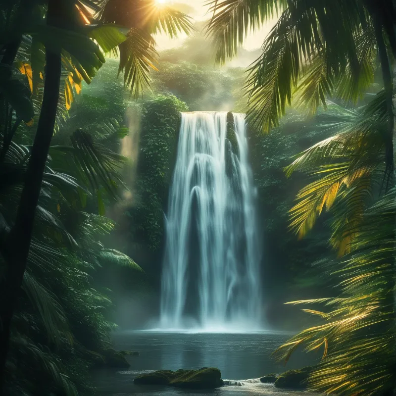Sunlit Tropical Waterfall