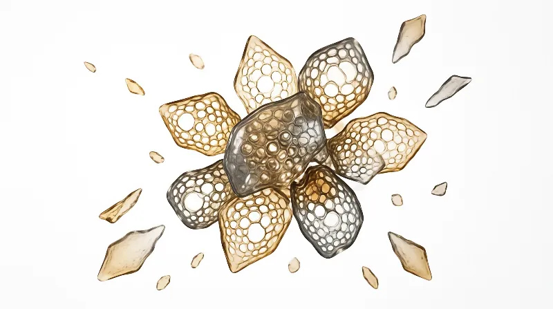 A cluster of translucent amber and grey honeycomb crystal shapes is surrounded by smaller broken fragments on a bright white plain background.