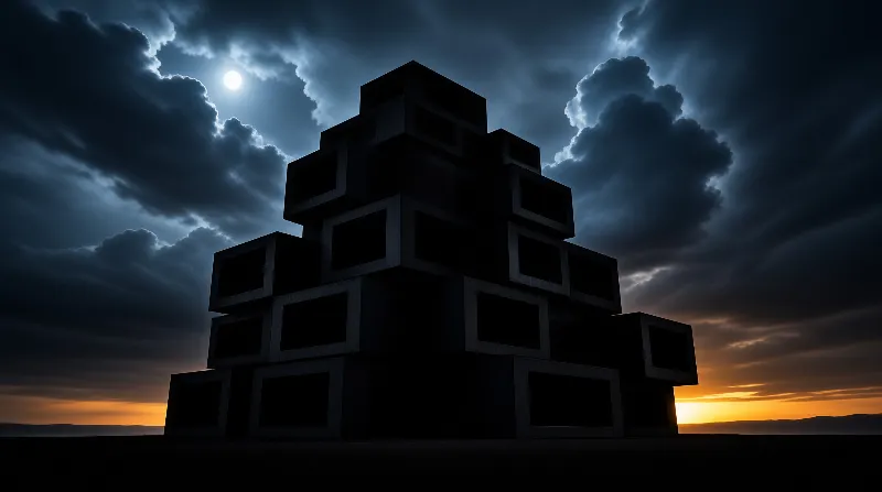 A dark tower of hollow concrete blocks rises against a moonlit sky streaked with storm clouds.