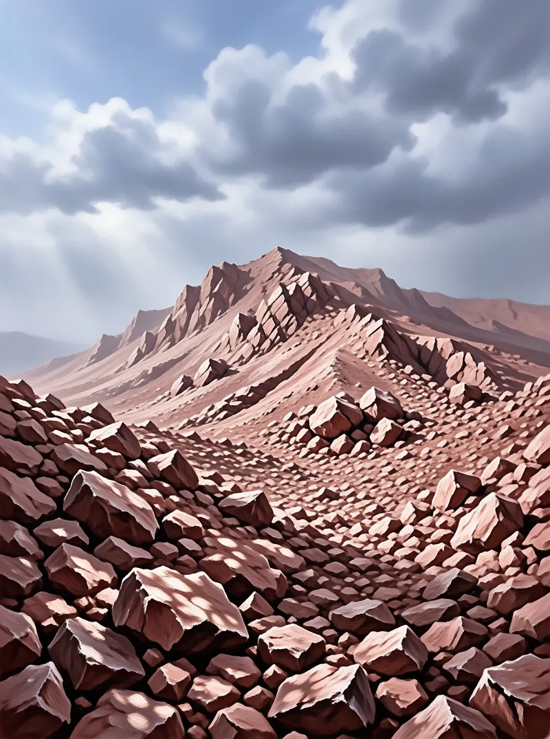 Loose pink boulders spill down toward a jagged ridge lit by pale sunbeams breaking through heavy grey cloud.