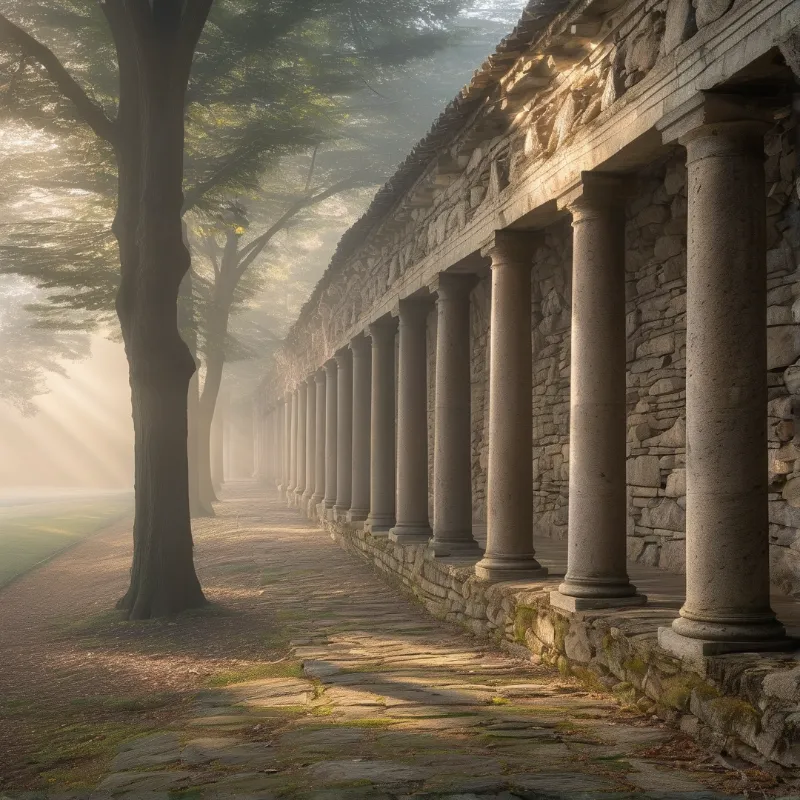 Sunlight streams through tall trees onto a stone path running alongside an ancient colonnade.
