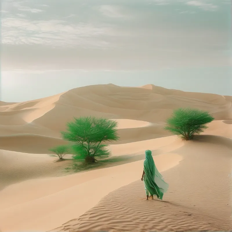 A figure wrapped in green fabric walks across sand dunes near vibrant trees under a pale sky.
