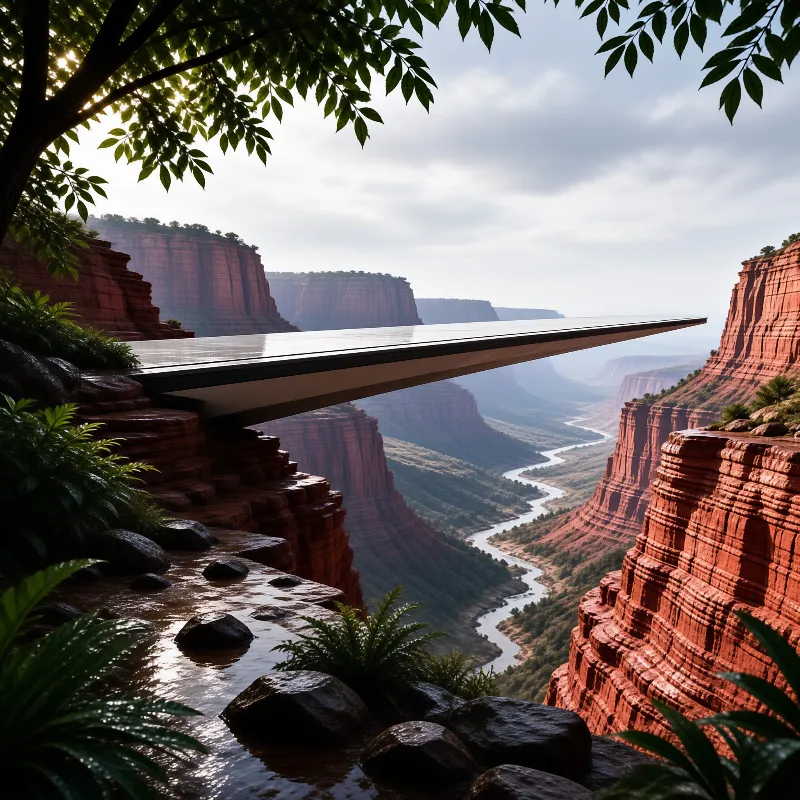 A slim cantilevered platform projects from a lush cliff lip over a river meandering between red sandstone walls