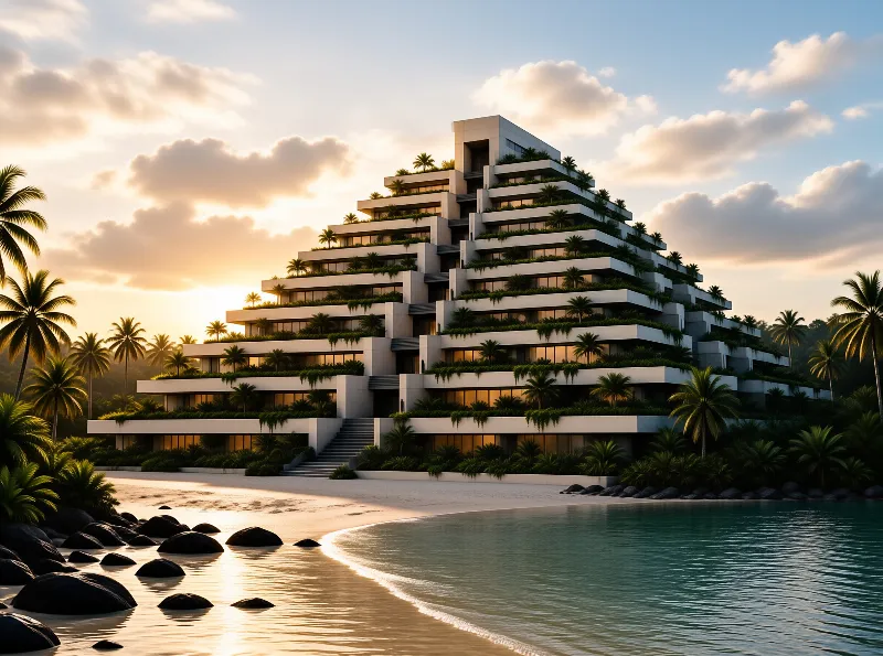 A ziggurat style hotel with green terraces stands on a white sand beach at sunset.
