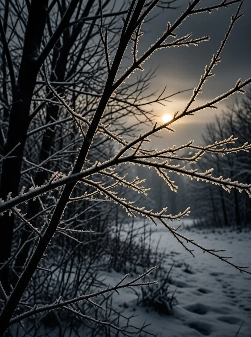 Dark tree branches coated in delicate frost catch the warm glow of a setting sun through a snowy forest landscape.