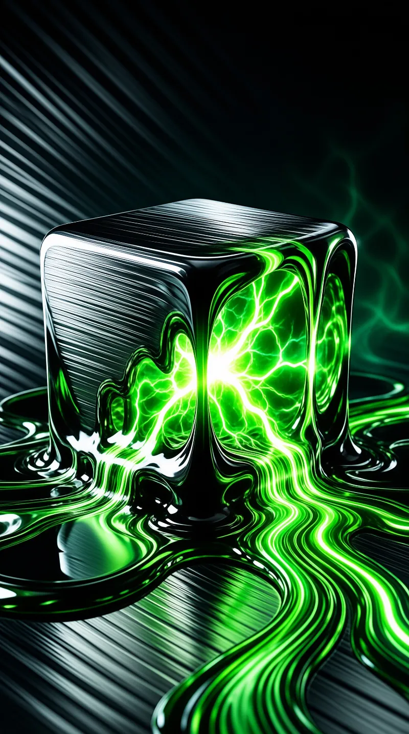 A sleek dark cube dissolves into streams of bright green electric energy flowing across a reflective surface.