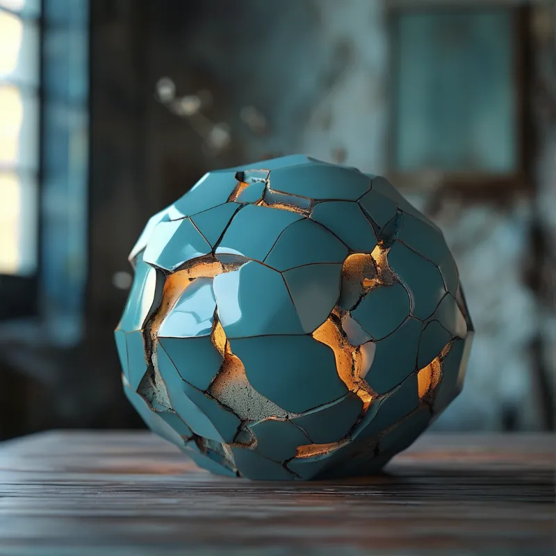A polygonal teal orb split by glowing copper seams rests on a wooden table in soft daylight
