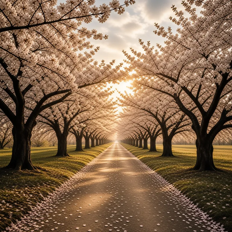 Rows of blooming cherry trees form a tunnel over a straight road illuminated by soft golden sunset light.