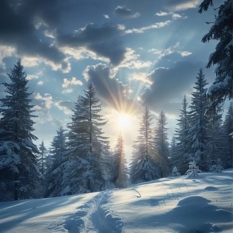 Sunlit Snowy Forest