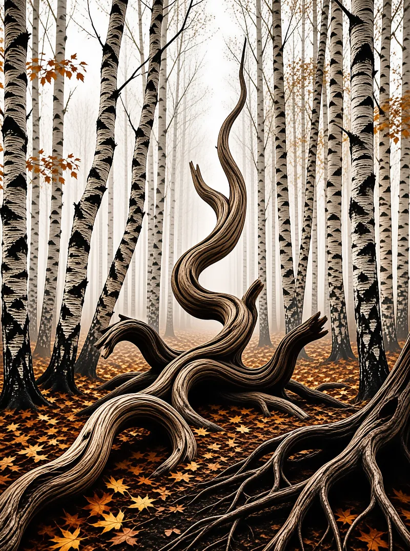 A sculptural tangle of pale driftwood curls upward among white birch trunks and scattered autumn leaves