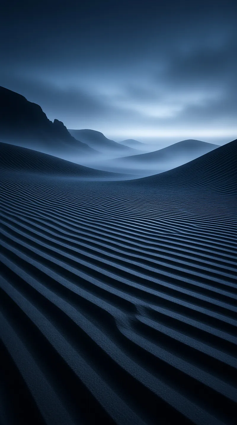 Smooth rippled sand dunes extend toward fog-shrouded rolling hills under a dim overcast cool blue sky.