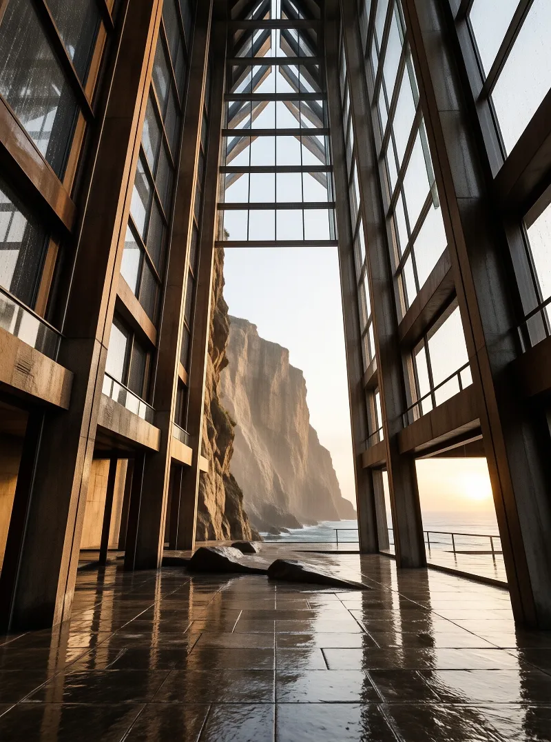 Towering glass walls frame a dramatic coastal landscape with steep cliffs and the sea during golden hour