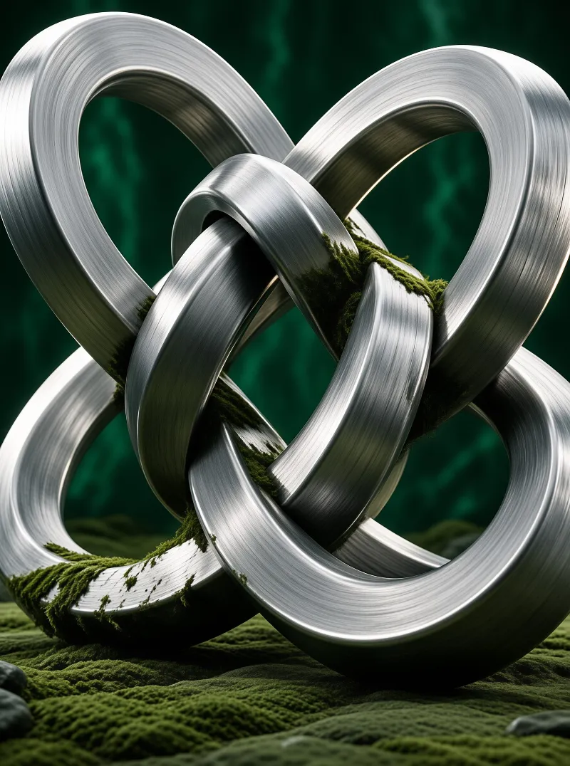 A looped metal knot with fine circular brushing carries patches of bright moss in its crevices against deep green haze.