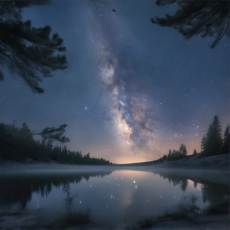 A bright galaxy arches over a misty lake where stars are mirrored in the still water beneath the treeline.