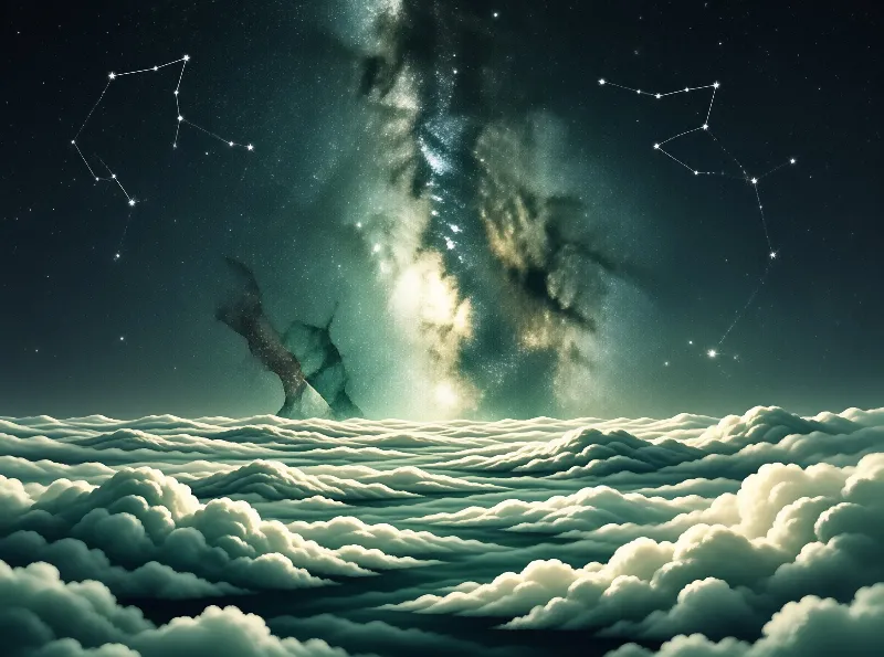A luminous galaxy arc dominates the night sky above a vast expanse of rolling white clouds.
