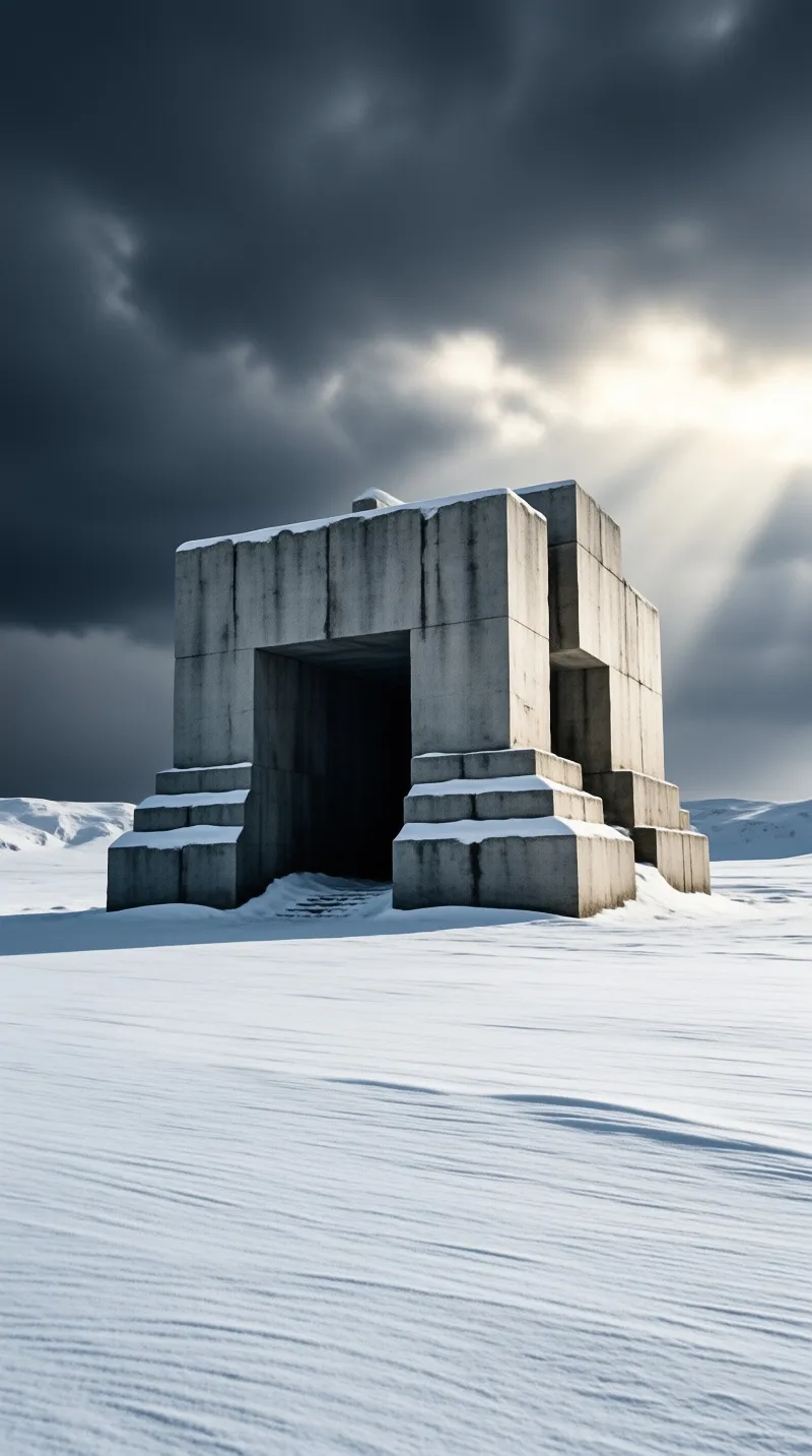 A brutalist concrete structure with stairs sits in a snowy field under a dramatic sky with sunlight breaking through.