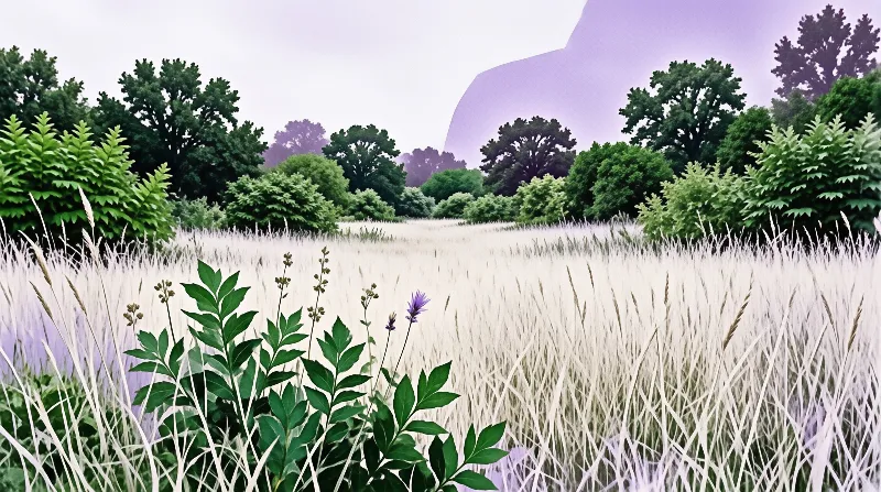 Tall pale grasses and leafy green plants grow in a field bordered by dense vegetation and a large purple mountain shape.